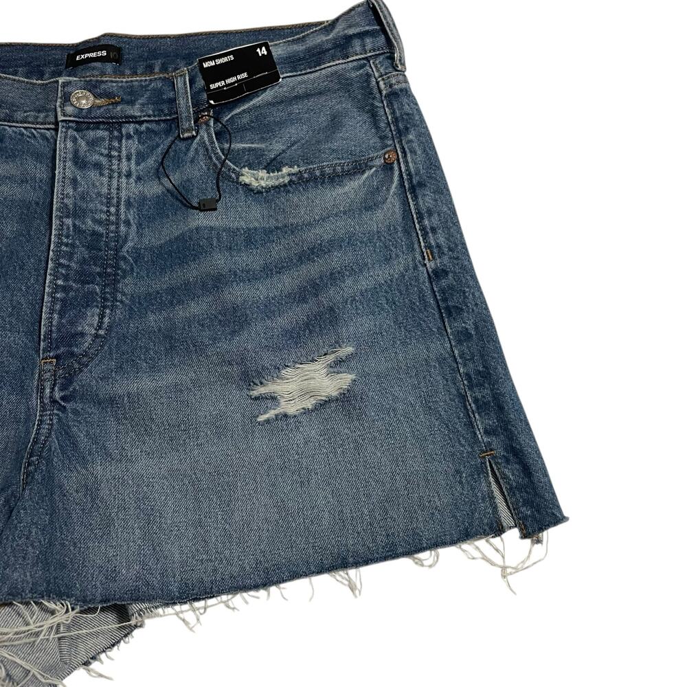 Express Womens Shorts Size 14 Blue Mom Shorts Button Fly Super High Rise Denim - Picture 3 of 13